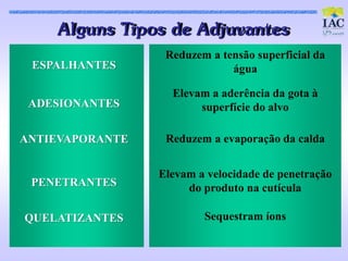 Alguns Tipos de Adjuvant es
                  Reduzem a tensão superficial da
 ESPALHANTES                  água

                   Elevam a aderência da gota à
 ADESIONANTES           superfície do alvo

ANTIEVAPORANTE    Reduzem a evaporação da calda


                 Elevam a velocidade de penetração
 PENETRANTES          do produto na cutícula

QUELATIZANTES            Sequestram íons
 
