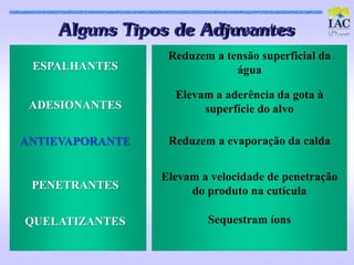 Alguns Tipos de Adjuvant es
                  Reduzem a tensão superficial da
 ESPALHANTES                  água

                   Elevam a aderência da gota à
 ADESIONANTES           superfície do alvo

ANTIEVAPORANTE    Reduzem a evaporação da calda


                 Elevam a velocidade de penetração
 PENETRANTES          do produto na cutícula

QUELATIZANTES            Sequestram íons
 