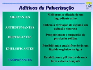 Adit ivos da Pulveriz aç ão
                    Melhoram a eficácia de um
  ADJUVANTES            ingrediente ativo

                 Inibem a formação de espuma em
ANTIESPUMANTES          agitação vigorosa
                   Proporcionam a suspensão de
 DISPERSANTES           partículas sólidas

                 Possibilitam a emulsificação de um
EMULSIFICANTES        líquido orgânico na água

                  Estabilizam o pH dentro de uma
 TAMPONANTES           faixa estreita desejada
 