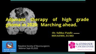 Adjuvant therapy of high grade
glioma in 2020: Marching ahead.
-Dr. Subhas Pandit
MD(AIIMS), ECMO
Nepalese Society of Neurosurgeons
Webinar Sept 05,2020
 