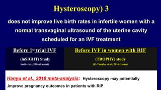 Hanyu et al., 2018 meta-analysis: Hysteroscopy may potentially
improve pregnancy outcomes in patients with RIP.
3(Hysteroscopy
does not improve live birth rates in infertile women with adoes not improve live birth rates in infertile women with a
normal transvaginal ultrasound of the uterine cavitynormal transvaginal ultrasound of the uterine cavity
scheduled for an IVF treatmentscheduled for an IVF treatment
Before 1Before 1stst
trial IVFtrial IVF Before IVF in women with RIFBefore IVF in women with RIF
(inSIGHT((inSIGHT( Study
Smit et al., 2016 (Lancet(
(TROPHY((TROPHY( study
El-Toukhy et al., 2016 (Lancet(
 