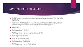 IMMUNE POTENTIATORS
 THESE target innate immunity signalling pathways through PRRs like TLRs,
RLR,NLRs.
 Activation of PRRs by their agonists induce APC activation and cytokine/
chemokine production.leads to adaptive immune responses.
 Examples :
 TLR3 agonists- POLY[I:C]
 TLR4 agonists- Monophosphoryl lipid A[MPL]
 TLR5 agonists- flagellin
 TLR7/8 agonists- ssRNA
 TLR9 agonists- CpG ODN
 NOD agonists- Muramyl dipeptide
 