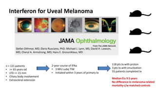 Interferon for Uveal Melanoma
Stefan Dithmar, MD; Dario Rusciano, PhD; Michael J. Lynn, MS; David H. Lawson,
MD; Cheryl A. Armstrong, MD; Hans E. Grossniklaus, MD
2-year course of IFNa
• 3 MIU subq TIW
• Initiated within 3 years of primary tx
n = 121 patients
• >= 65 years od
• LTD >= 15 mm
• Ciliary body involvement
• Extrascleral extension
118 pts tx with proton
3 pts tx with enucleation
55 patients completed tx
Median f/u 9.5 years
No difference in melanoma-related
mortality c/w matched controls
 