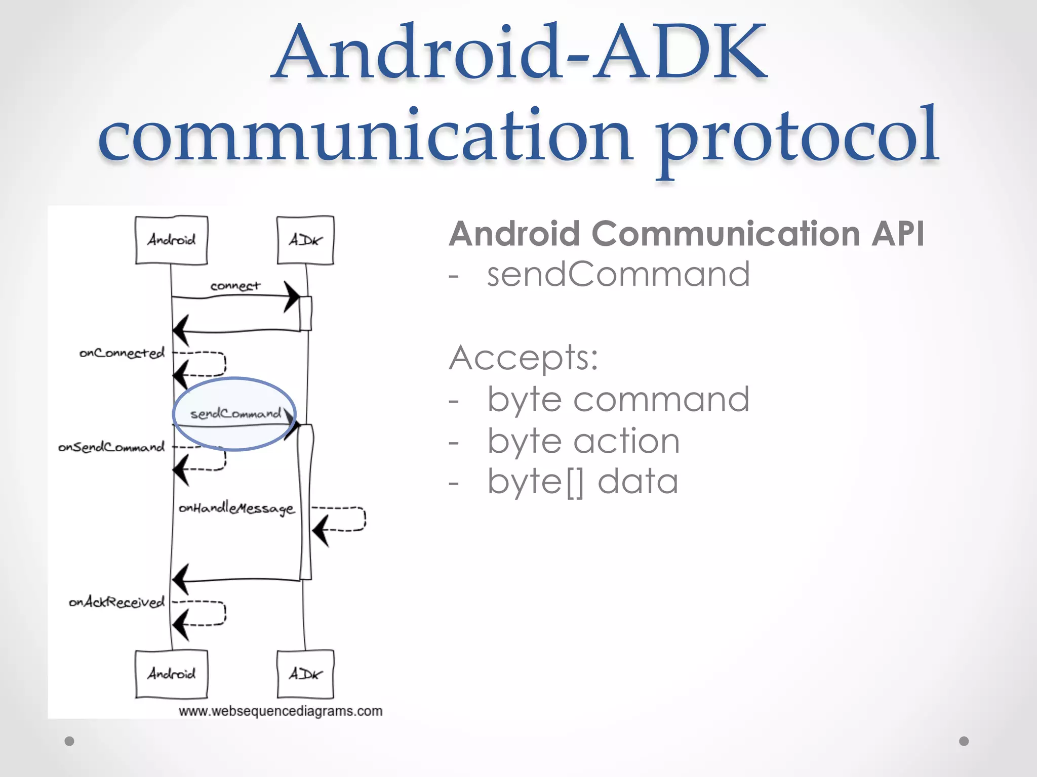 Android-­‐‑ADK  
communication  protocol	
         Android Communication API
         -  sendCommand

         Accepts:
   	
   	
    -  byte command
   	
    -  byte action
         -  byte[] data
 
