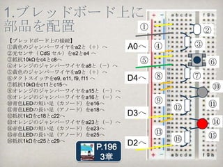 大まかな手順
1. ブレッドボード上にパーツを配置する
2. Arduino 1.0でスケッチを作成し、Arduino Uno +
  USBホストシールドにアップロード
3. Arduino Uno + USBホストシールドにAndroidを接続
  し外部インテントが起動するかダイアログを確認
4. Androidプロジェクトを作成,Androidにアップロード
5. Arduino Uno + USBホストシールドとAndroidを接続
  し、動作確認
 