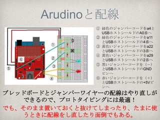 1.ブレッドボード上に
部品を配置      ①                                    ②
【ブレッドボード上の接続】
①黄色のジャンパーワイヤをa2と（＋）へ          A0へ ④         ③
②光センサ（ CdS セル）をe2とe4 へ
③抵抗10kΩをc4とc8へ                  ⑤               ⑥
④オレンジのジャンパーワイヤをa8と（－）へ
⑤黄色のジャンパーワイヤをa9と（＋）へ
⑥タクトスイッチをe9, e11, f9, f11 へ   D4へ ⑧         ⑦
⑦抵抗10kΩをc11とc15へ
⑧オレンジのジャンパーワイヤをa15と（－）へ
                                                    ⑩
⑨オレンジのジャンパーワイヤをa16と（－）へ
⑩青色LEDの短い足（カソード）をe16へ               ⑨           ⑪
⑪青色LEDの長い足（アノード）をe18へ                   ⑫
⑫抵抗1kΩをc18とc22へ               D3へ
⑬オレンジのジャンパーワイヤをa23と（－）へ                             ⑭
⑭赤色LEDの短い足（カソード）をe23へ
⑮赤色LEDの長い足（アノード）をe25へ               ⑬           ⑮
⑯抵抗1kΩをc25とc29へ
                              D2へ       ⑯
 