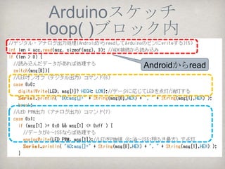 出力ストリーム
        （Android→Arduino）
イベントリスナー
からプライベート
なメソッド
sendCommand()が
呼び出されると…

FileOutputStream
クラスのwriteメ
ソッドでArduinoに
データを出力する
 