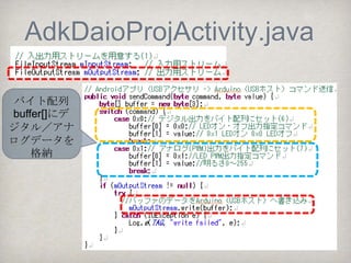 基本的な入出力
汎用入出力(GPIO)      Arduinoの関数 RT-ADK&RT-SDK その他代表的なパー
                                のパーツ      ツ
デジタル出力                          リレー       LED（単色）
                 digitalWrite()
デジタルピンのOUT
アナログ出力                           RGB LED、サー   DCモータ
デジタルピンのPWM出力 analogWrite()       ボモータ

デジタル入力                           タクトスイッチ      磁気センサ、モーシ
デジタルピンのIN        digitalRead()                ョンセンサ
アナログ入力                           温度センサ、照度 加速度センサ、距離
アナログ入力ピン         analogRead()    センサ、タッチセ センサ
                                 ンサ


４つの基本パターンができると色んな
電子部品を制御できるようになります。
 