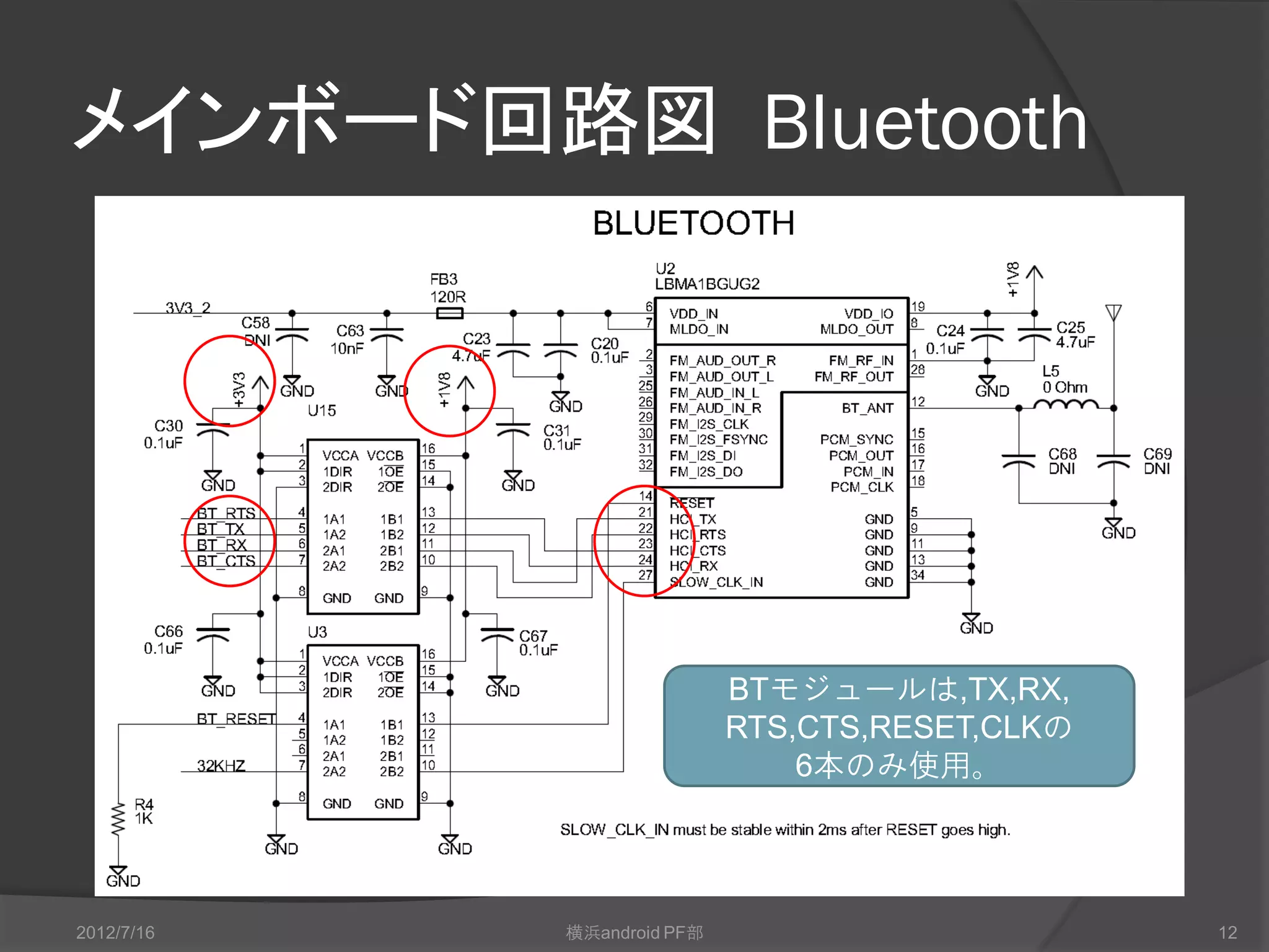 メインボード回路図 Bluetooth




                            BTモジュールは,TX,RX,
                            RTS,CTS,RESET,CLKの
                                6本のみ使用。




2012/7/16   横浜android PF部                        12
 