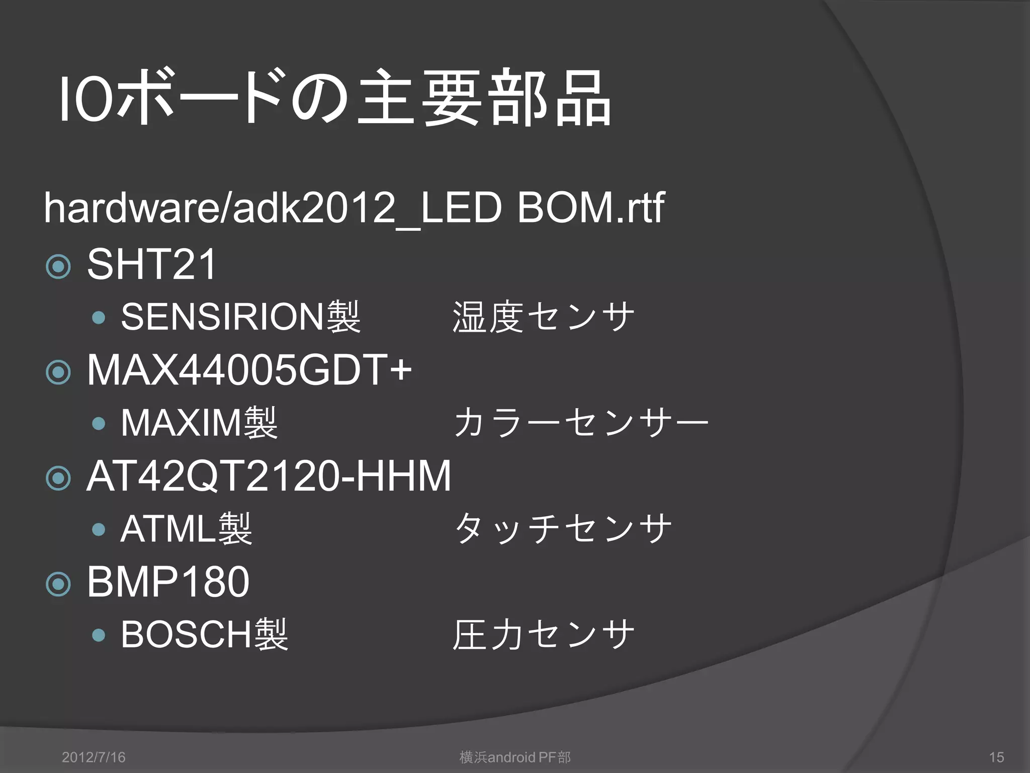 IOボードの主要部品
hardware/adk2012_LED BOM.rtf
 SHT21
     SENSIRION製   湿度センサ
   MAX44005GDT+
     MAXIM製       カラーセンサー
   AT42QT2120-HHM
     ATMEL製       タッチセンサ
   BMP180
     BOSCH製       圧力センサ


2012/7/16            横浜android PF部   15
 