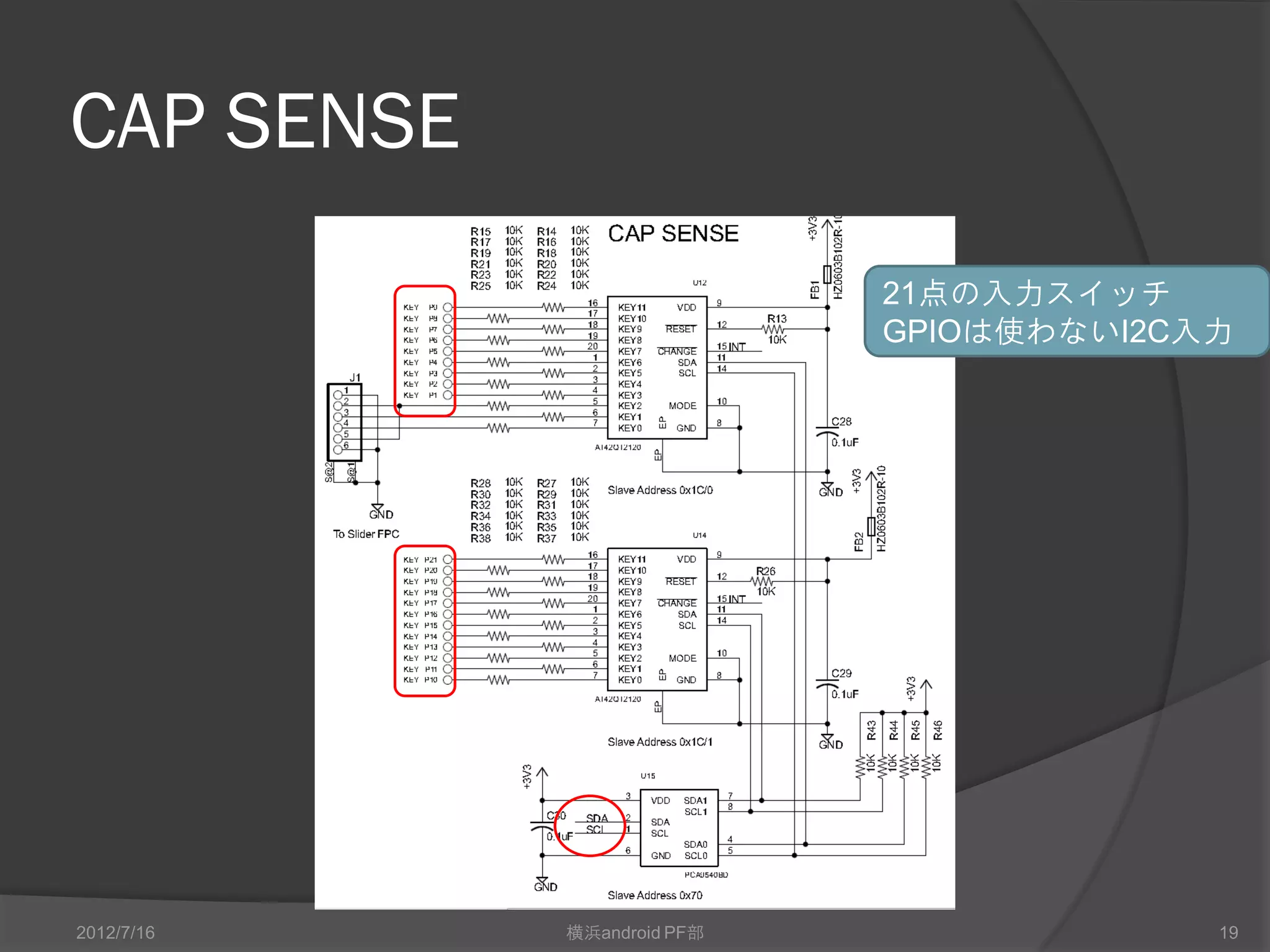 CAP SENSE
                            21点の入力スイッチ
                            GPIOは使わないI2C入力




2012/7/16   横浜android PF部                19
 