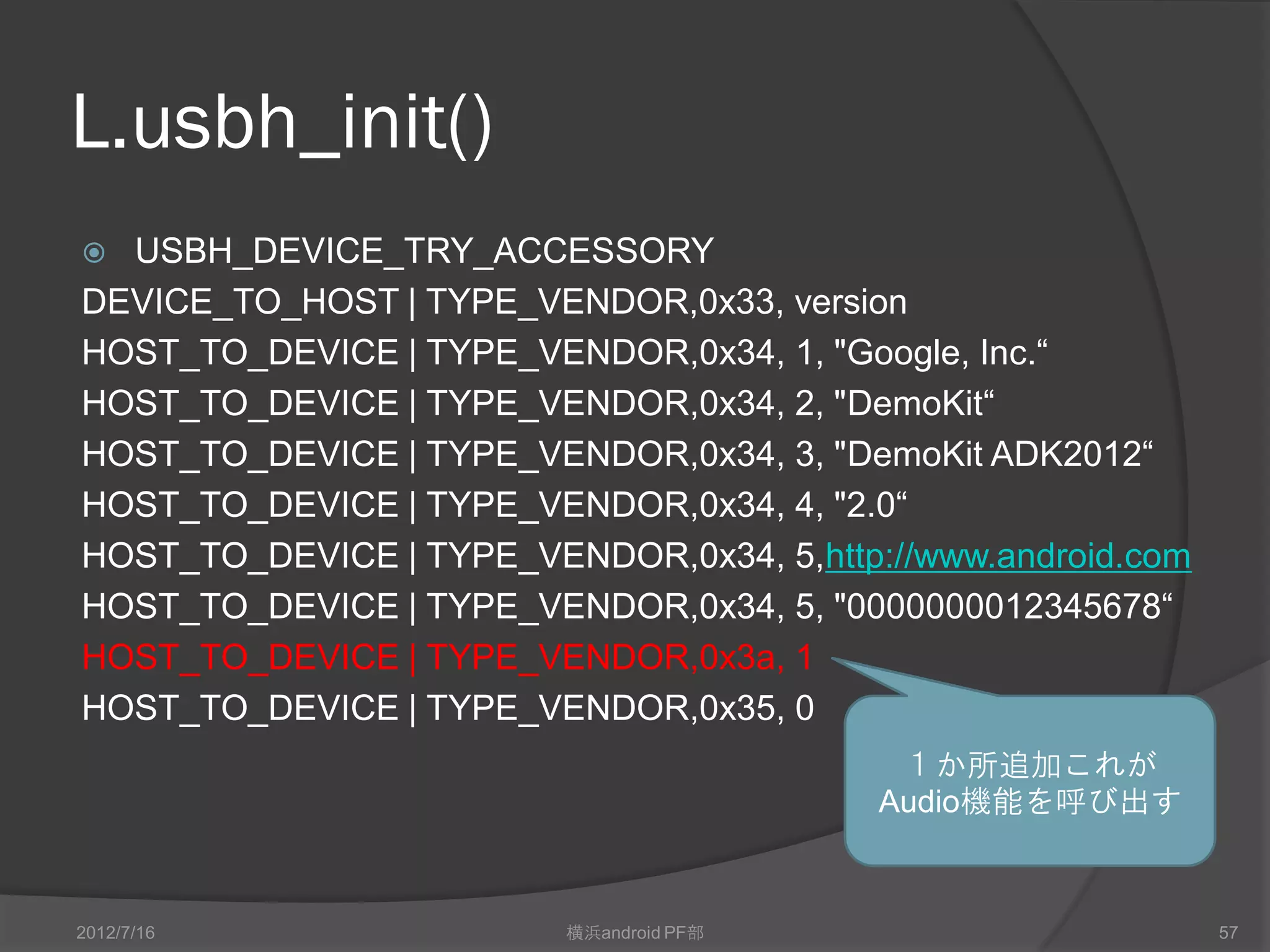 L.usbh_init()
 USBH_DEVICE_TRY_ACCESSORY
DEVICE_TO_HOST | TYPE_VENDOR,0x33, version
HOST_TO_DEVICE | TYPE_VENDOR,0x34, 1, "Google, Inc.“
HOST_TO_DEVICE | TYPE_VENDOR,0x34, 2, "DemoKit“
HOST_TO_DEVICE | TYPE_VENDOR,0x34, 3, "DemoKit ADK2012“
HOST_TO_DEVICE | TYPE_VENDOR,0x34, 4, "2.0“
HOST_TO_DEVICE | TYPE_VENDOR,0x34, 5,http://www.android.com
HOST_TO_DEVICE | TYPE_VENDOR,0x34, 5, "0000000012345678“
HOST_TO_DEVICE | TYPE_VENDOR,0x3a, 1
HOST_TO_DEVICE | TYPE_VENDOR,0x35, 0
                                           １か所追加これが
                                          Audio機能を呼び出す


2012/7/16                横浜android PF部                        57
 