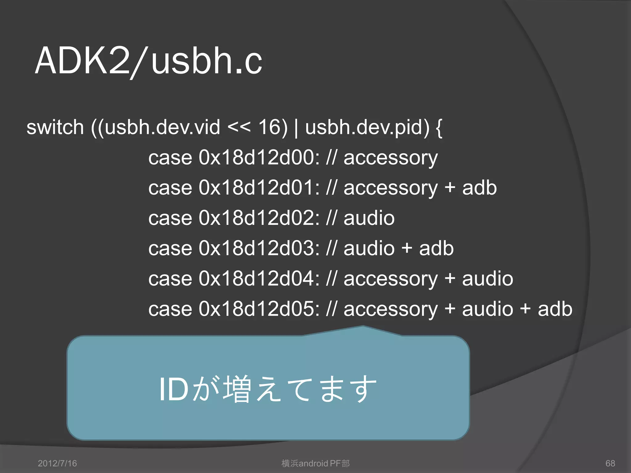 ADK2/usbh.c
switch ((usbh.dev.vid << 16) | usbh.dev.pid) {
             case 0x18d12d00: // accessory
             case 0x18d12d01: // accessory + adb
             case 0x18d12d02: // audio
             case 0x18d12d03: // audio + adb
             case 0x18d12d04: // accessory + audio
             case 0x18d12d05: // accessory + audio + adb



             IDが増えてます

 2012/7/16                横浜android PF部                    68
 