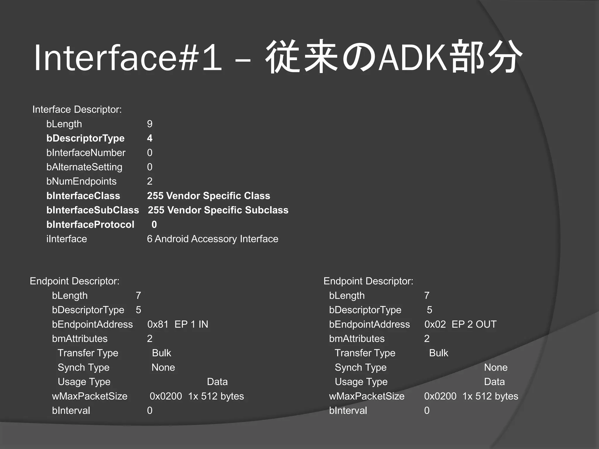 Interface#1 – 従来のADK部分
Interface Descriptor:
    bLength              9
    bDescriptorType      4
    bInterfaceNumber     0
    bAlternateSetting    0
    bNumEndpoints        2
    bInterfaceClass      255 Vendor Specific Class
    bInterfaceSubClass   255 Vendor Specific Subclass
    bInterfaceProtocol    0
    iInterface           6 Android Accessory Interface



Endpoint Descriptor:                                     Endpoint Descriptor:
    bLength          7                                    bLength               7
    bDescriptorType 5                                     bDescriptorType       5
    bEndpointAddress     0x81 EP 1 IN                     bEndpointAddress      0x02 EP 2 OUT
    bmAttributes         2                                bmAttributes          2
     Transfer Type        Bulk                             Transfer Type         Bulk
     Synch Type           None                             Synch Type                       None
     Usage Type                      Data                  Usage Type                       Data
    wMaxPacketSize       0x0200 1x 512 bytes              wMaxPacketSize        0x0200 1x 512 bytes
    bInterval            0                                bInterval             0
 