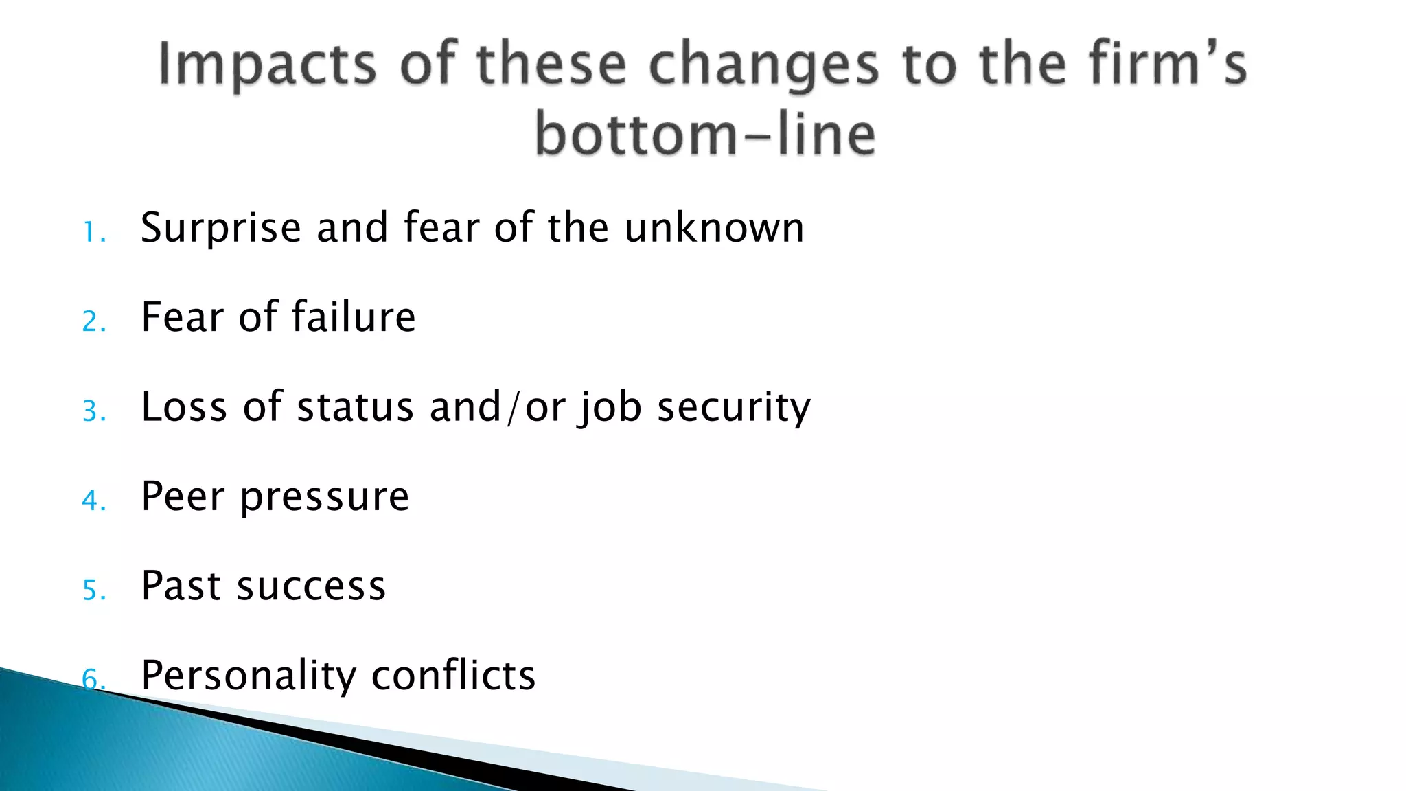 1. Surprise and fear of the unknown
2. Fear of failure
3. Loss of status and/or job security
4. Peer pressure
5. Past success
6. Personality conflicts
 