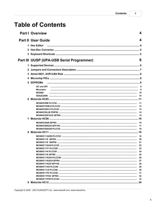 Contents                         I



Table of Contents
     Part I Overview                                                                                                                                                                            4

    Part II User Guide                                                                                                                                                                          4
             1 Hex Editor                 ................................................................................................................................... 4
             2 Hex-Dec Convertor
                          ................................................................................................................................... 5
             3 Keyboard Shortcuts
                           ................................................................................................................................... 5

   Part III UUSP (UPA-USB Serial Programmer)                                                                                                                                                    6
             1 Supported Devices
                           ................................................................................................................................... 6
             2 Jumpers and ................................................................................................................................... 7
                           Connectors Description
             3 Atmel 8051, AVR 8-Bit Risk
                            ................................................................................................................................... 8
             4 Microchip PICs
                            ................................................................................................................................... 8
             5 EEPROMs                    ................................................................................................................................... 9
                        I2C and SPI .......................................................................................................................................................... 9
                        Microwire     .......................................................................................................................................................... 9
                        M35080      .......................................................................................................................................................... 10
                        SDA(E)2506 .......................................................................................................................................................... 10
             6 Motorola HC05
                          ................................................................................................................................... 11
                        MC68HC05B PLCC52
                                  ..........................................................................................................................................................    11
                        MC68HC705B16 PLCC52
                                  ..........................................................................................................................................................    12
                        MC68HC05H12 PLCC52
                                  ..........................................................................................................................................................    13
                        MC68HC05L28 PDIP56
                                  ..........................................................................................................................................................    14
                        MC68HC05X16/32 QFP64
                                  ..........................................................................................................................................................    15
             7 Motorola HC08
                          ................................................................................................................................... 16
                        MC68HC(9)08..........................................................................................................................................................
                                    QFP64                                                                                                                                                       16
                        MC68HC08AZ32 QFP100
                                   ..........................................................................................................................................................   17
                        MC68HC08AS20 PLCC52
                                   ..........................................................................................................................................................   18
             8 Motorola HC11
                          ................................................................................................................................... 19
                        MC68HC11A8/E9 PLCC52
                                  ..........................................................................................................................................................    19
                        MC68HC11E ..........................................................................................................................................................
                                  QFP64                                                                                                                                                         20
                        MC68HC11E ..........................................................................................................................................................
                                  SDIP56                                                                                                                                                        21
                        MC68HC11EA9 PLCC52
                                  ..........................................................................................................................................................    22
                        MC68HC11F1..........................................................................................................................................................
                                   PLCC68                                                                                                                                                       23
                        MC68HC11K PLCC84
                                  ..........................................................................................................................................................    24
                        MC68HC11K QFP80
                                  ..........................................................................................................................................................    25
                        MC68HC11KA2/4 PLCC68
                                  ..........................................................................................................................................................    26
                        MC68HC11KA2/4 QFP64
                                  ..........................................................................................................................................................    27
                        MC68HC11KG4 QFP100
                                  ..........................................................................................................................................................    28
                        MC68HC11KS PLCC68
                                  ..........................................................................................................................................................    29
                        MC68HC11L6..........................................................................................................................................................
                                   PLCC68                                                                                                                                                       30
                        MC68HC11P2..........................................................................................................................................................
                                   PLCC84                                                                                                                                                       31
                        MC68HC11PA8 QFP64
                                  ..........................................................................................................................................................    32
                        MC68HC11PH8 PLCC84
                                  ..........................................................................................................................................................    33
             9 Motorola HC12
                          ................................................................................................................................... 34


Copyright © 2005 - 2007 ELRASOFT Ltd., www.elrasoft.com, www.elrasoft.eu



                                                                                                                                                                                                     I
 