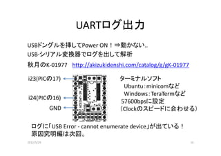 UARTログ出力
USBドングルを挿してPower ON！⇒動かない..
USB-シリアル変換器でログを出して解析
秋月のK-01977 http://akizukidenshi.com/catalog/g/gK-01977

i23(PICの17)                   ターミナルソフト
                               Ubuntu：minicomなど
                               Windows：TeraTermなど
i24(PICの16)
                              57600bpsに設定
            GND               （Clockのスピードに合わせる）

  ログに「USB Error - cannot enumerate device」が出ている！
  原因究明編は次回。
2012/5/29                                                16
 
