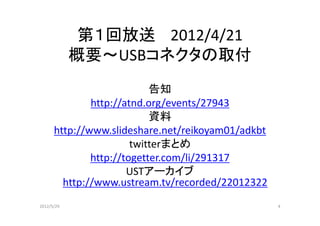 第１回放送 2012/4/21
            概要～USBコネクタの取付
                           告知
              http://atnd.org/events/27943
                           資料
      http://www.slideshare.net/reikoyam01/adkbt
                       twitterまとめ
              http://togetter.com/li/291317
                      USTアーカイブ
        http://www.ustream.tv/recorded/22012322
2012/5/29                                          4
 