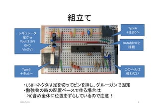 組立て
                              TypeA
レギュレータ                       ＋をｊ30へ
  左から
 Vout(3.3V)
                            DATAはPICと
   GND
                               接続
  Vin(5V)




 TypeB                       このへんは
＋をa3へ                         使わない


   ・USBコネクタは足を切ってピンを挿し、グルーガンで固定
   ・勉強会の時の配置ベースで作る場合は
    PIC含め全体に位置をずらしているので注意！
2012/5/29                          8
 