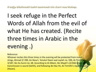 A'oothubikalimaatil-laahit-taammaati min sharrimaakhalaqa.I seek refuge in the Perfect Words of Allah from the evil of what He has created. (Recite three times in Arabic in the evening .)Reference:Whoever recites this three times in the evening will be protected from insect stings, Ahmad 2/ 290, An-Nasa'i, 'Amalul-Yawmwal-Laylah no. 590, At-Tirmithi 3/187, Ibn As-Sunni no. 68. According to Al-Albani, IbnMajah's (2/266) chain of transmission is sound (Sahih), and following IbnBaz 45, At-Tirmithi's report is good (Hasan).