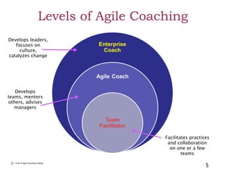Levels of Agile Coaching
Develops leaders,
focuses on
culture, 
catalyzes change

Develops
teams, mentors
others, advises
...
