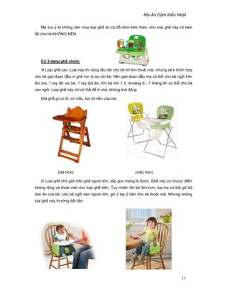 H i Ăn D m Ki u Nh t
17
M lưu ý là không nên mua lo i gh ăn có ñ chơi kèm theo, như lo i gh này có kèm
ñ chơi là KHÔNG NÊN
Có 3 d ng gh chính:
1/ Lo i gh cao. Lo i này thì dùng lâu dài cho bé t i l n tho i mái, nhưng s k thích h p
cho bé giai ño n ñ u vì gh hơi to so v i bé. Nên giai ño n ñ u m có th cho bé ng i trên
ñùi m , 1 tay ñ vai bé, 1 tay ñút ăn, Khi bé l n 1 tí, kho ng 6 - 7 tháng thì có th cho bé
vào ng i. Lo i gh này ch có th ñ nhà, không linh ñ ng.
Giá gh gì có r , có m c, tùy túi ti n c a m
(R hơn) (m c hơn)
2/ Lo i gh nh g n trên gh ngư i l n, x p g n mang ñi ñư c. Gh này có như c ñi m
không r ng và tho i mái như lo i gh trên. Tuy nhiên khi bé l n hơn, ba m có th g b
bàn ăn c a bé, cho bé ng i bàn ngư i l n, g 2 tay 2 bân cho bé tho i mái. Nhưng nh ng
lo i gh này thư ng ñ t ti n.
 
