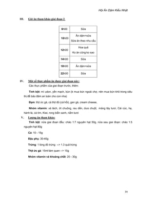 H i Ăn D m Ki u Nh t
39
III. Gi ăn tham kh o giai ño n 2
IV. M t s th c ph m ăn ñư c giai ño n này:
Các th c ph m c a giai ño n trư c, thêm:
Tinh b t: mì udon, y n m ch, bún (k mua bún ngoài ch , nên mua bún khô trong siêu
th ñ b o ñ m an toàn cho con nha)
ð m: th t c gà, cá th t ñ (cá h i), gan gà, cream cheese,
Nhóm vitamin: xà lách, t chuông, rau d n, dưa chu t, măng tây tươi, Cài cúc, h ,
hành lá, cà tím, Kiwi, rong bi n xanh, n m tươi
V. Lư ng ăn tham kh o:
Tinh b t: n a giai ño n ñ u: cháo 1:7 nguyên h t 50g, n a sau giai ño n: cháo 1:5
nguyên h t 80g
Cá: 10 - 15g
ð u ph : 30-40g
Tr ng: 1 lòng ñ tr ng -- 1.3 qu tr ng
Th t c gà: 15ml làm quen -- 15g
Nhóm vitamin và khoáng ch t: 20 - 30g
6h00 S a
10h00
Ăn d m+s a
S a ăn theo nhu c u
12h00
Hoa qu
Ko ăn cũng ko sao
14h00 S a
18h00 Ăn d m+s a
22h00 S a
 