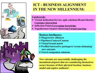 ICT - BUSINESS ALIGNMENT IN THE NEW MILLENNIUM: Catchwords: #  Virtual dedication/Service agile solutions/Brand Identity/ Customer interaction #  Inflection Points/ Leveraging   knowledge   #  Togetherness/Airport-clustering/ Virtual sourcing Business Intelligence: # Megacarrier alliances # Pipelines/Context/Content # Virtual brand match # Profiled interactive packagers/‘cream-skimming’ new entrants  # Travel companion solutions New entrants are successfully challenging the  incumbent-airports that are considering themselves secure because of their physical location, business  model and captive audience! 