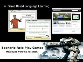 Game Based Language Learning




Scenario Role Play Games
  Developed from the Research
 