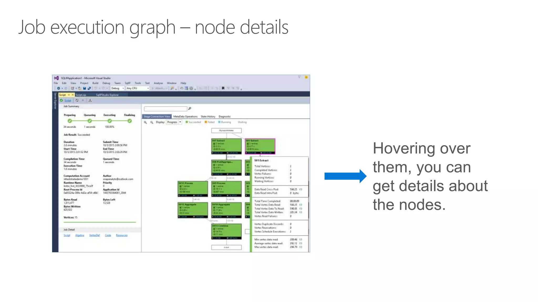 Job execution graph – node details
Hovering over
them, you can
get details about
the nodes.
 