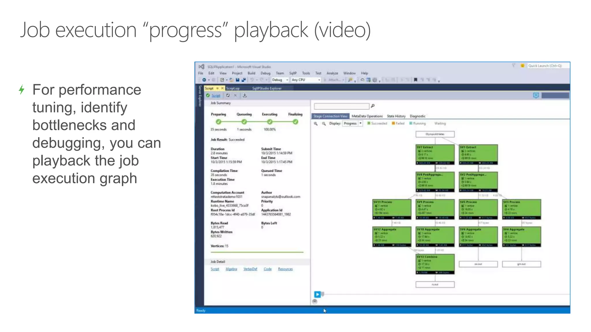 Job execution “progress” playback (video)
For performance
tuning, identify
bottlenecks and
debugging, you can
playback the job
execution graph
 