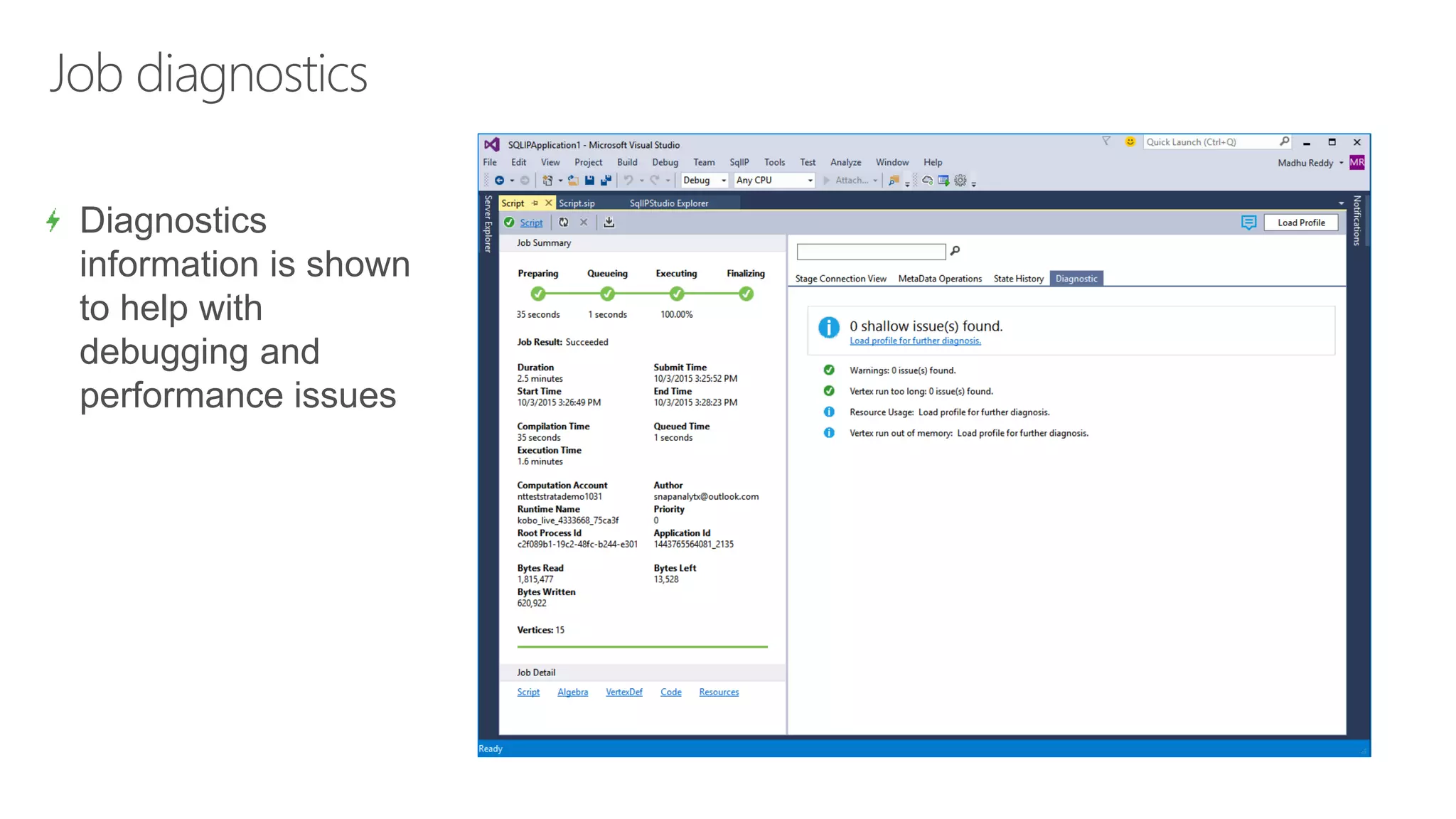 Job diagnostics
Diagnostics
information is shown
to help with
debugging and
performance issues
 