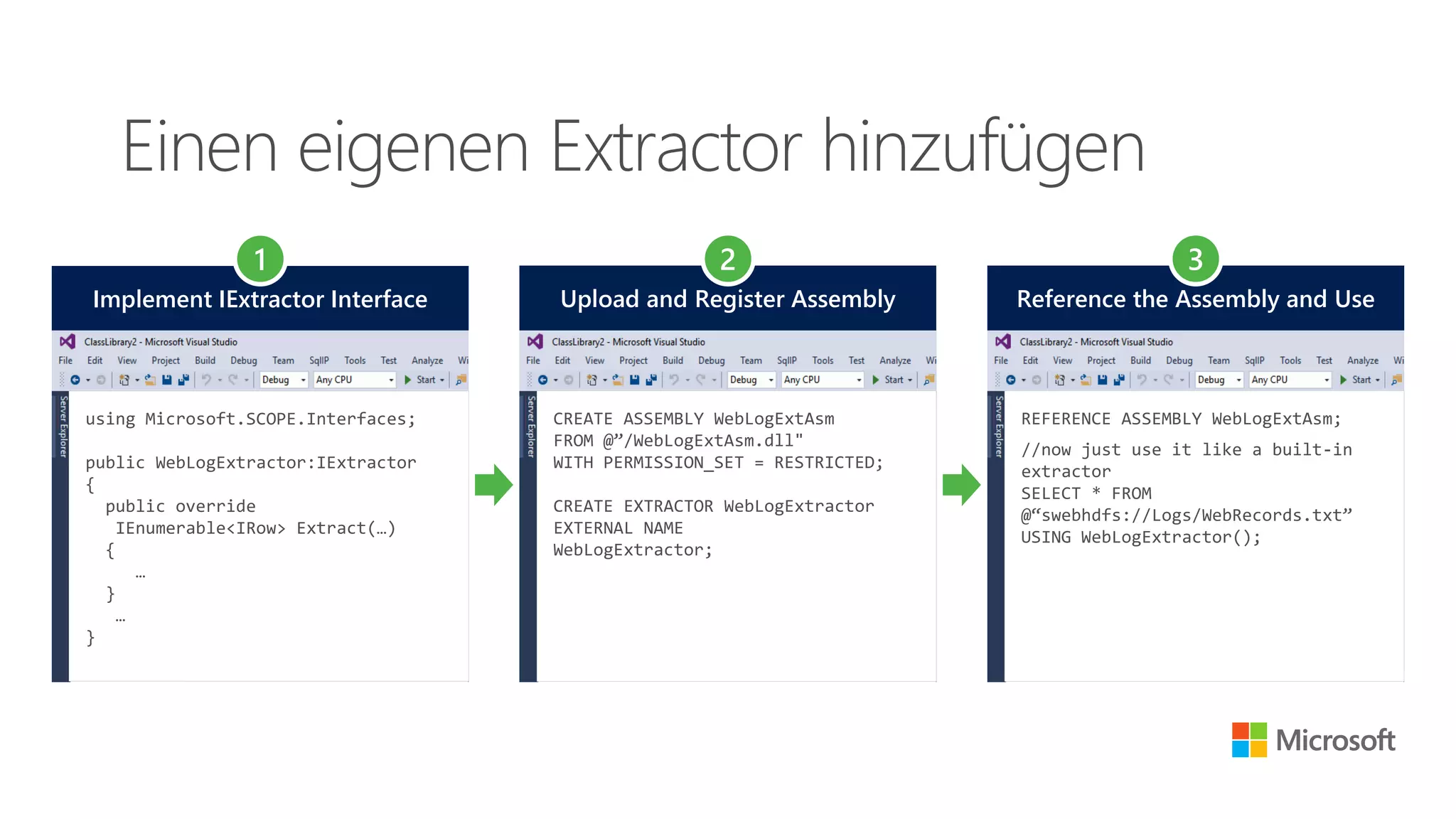 Einen eigenen Extractor hinzufügen
Upload and Register Assembly
2
CREATE ASSEMBLY WebLogExtAsm
FROM @”/WebLogExtAsm.dll"
WITH PERMISSION_SET = RESTRICTED;
CREATE EXTRACTOR WebLogExtractor
EXTERNAL NAME
WebLogExtractor;
Implement IExtractor Interface
using Microsoft.SCOPE.Interfaces;
public WebLogExtractor:IExtractor
{
public override
IEnumerable<IRow> Extract(…)
{
…
}
…
}
1
REFERENCE ASSEMBLY WebLogExtAsm;
//now just use it like a built-in
extractor
SELECT * FROM
@“swebhdfs://Logs/WebRecords.txt”
USING WebLogExtractor();
Reference the Assembly and Use
3
 