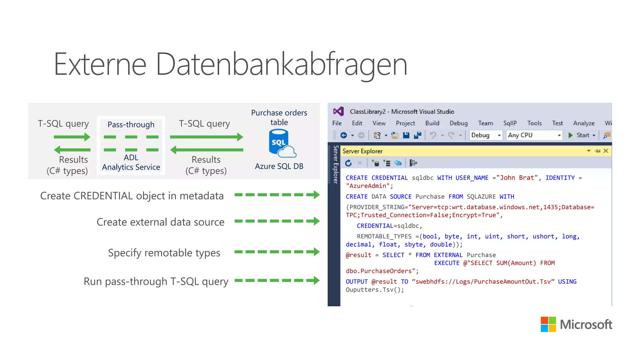 Externe Datenbankabfragen
CREATE CREDENTIAL sqldbc WITH USER_NAME ="John Brat", IDENTITY =
"AzureAdmin";
CREATE DATA SOURCE Purchase FROM SQLAZURE WITH
(PROVIDER_STRING="Server=tcp:wrt.database.windows.net,1435;Database=
TPC;Trusted_Connection=False;Encrypt=True",
CREDENTIAL=sqldbc,
REMOTABLE_TYPES =(bool, byte, int, uint, short, ushort, long,
decimal, float, sbyte, double));
@result = SELECT * FROM EXTERNAL Purchase
EXECUTE @"SELECT SUM(Amount) FROM
dbo.PurchaseOrders";
OUTPUT @result TO “swebhdfs://Logs/PurchaseAmountOut.Tsv” USING
Ouputters.Tsv();
Create CREDENTIAL object in metadata
Create external data source
Specify remotable types
Run pass-through T-SQL query
Pass-throughT-SQL query
Results
(C# types)
ADL
Analytics Service
Purchase orders
table
Azure SQL DB
T-SQL query
Results
(C# types)
 