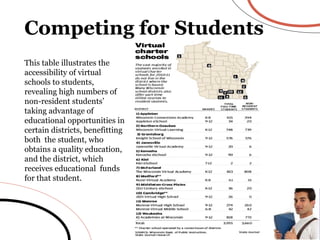 Competing for Students This table illustrates the accessibility of virtual schools to students, revealing high numbers of non-resident students’ taking advantage of educational opportunities in certain districts, benefitting both  the student, who obtains a quality education, and the district, which receives educational  funds for that student. 