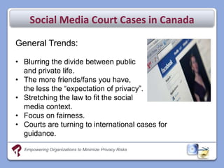 Social Media Court Cases in Canada

General Trends:

• Blurring the divide between public
  and private life.
• The more friends/fans you have,
  the less the “expectation of privacy”.
• Stretching the law to fit the social
  media context.
• Focus on fairness.
• Courts are turning to international cases for
  guidance.

  Empowering Organizations to Minimize Privacy Risks
 