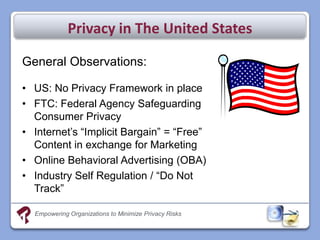 Privacy in The United States

General Observations:

• US: No Privacy Framework in place
• FTC: Federal Agency Safeguarding
  Consumer Privacy
• Internet’s “Implicit Bargain” = “Free”
  Content in exchange for Marketing
• Online Behavioral Advertising (OBA)
• Industry Self Regulation / “Do Not
  Track”

  Empowering Organizations to Minimize Privacy Risks
 