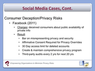Social Media Cases, Cont.

Consumer Deception/Privacy Risks
  • Facebook (2011)
       • Charges: deceived consumers about public availability of
         private info
       • Result:
          • Bar on misrepresenting privacy and security
          • Affirmative Consent Required for Privacy Overrides
          • 30 Day access limit for deleted accounts
          • Create & maintain comprehensive privacy program
          • Third-party audits every 2 yrs for next 20 yrs


   Empowering Organizations to Minimize Privacy Risks
 