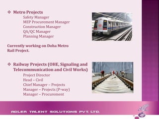  Metro Projects
Safety Manager
MEP Procurement Manager
Construction Manager
QA/QC Manager
Planning Manager
Currently working on Doha Metro
Rail Project.
 Railway Projects (OHE, Signaling and
Telecommunication and Civil Works)
Project Director
Head – Civil
Chief Manager – Projects
Manager – Projects (P-way)
Manager – Procurement
 