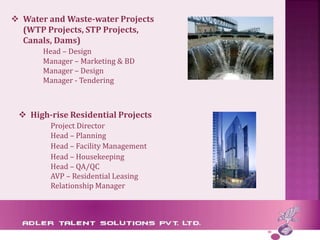  Water and Waste-water Projects
(WTP Projects, STP Projects,
Canals, Dams)
Head – Design
Manager – Marketing & BD
Manager – Design
Manager - Tendering
 High-rise Residential Projects
Project Director
Head – Planning
Head – Facility Management
Head – Housekeeping
Head – QA/QC
AVP – Residential Leasing
Relationship Manager
 