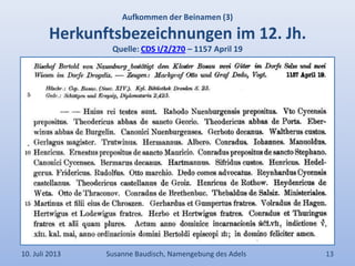 Aufkommen der Beinamen (3)
Herkunftsbezeichnungen im 12. Jh.
Quelle: CDS I/2/270 – 1157 April 19
10. Juli 2013 Susanne Baudisch, Namengebung des Adels 13
 