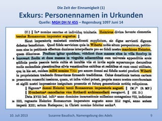 Die Zeit der Einnamigkeit (1)
Exkurs: Personennamen in Urkunden
Quelle: MGH DH IV 455 – Regensburg 1097 Juni 14
10. Juli 2013 Susanne Baudisch, Namengebung des Adels 9
 