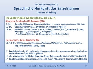 Zeit der Einnamigkeit (2)
Sprachliche Herkunft der Einzelnamen
Literatur im Anhang
Im Saale-Neiße-Gebiet des 9. bis 11. Jh...