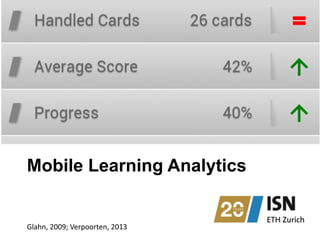 Mobile Learning Analytics
Glahn,	
  2009;	
  Verpoorten,	
  2013
 