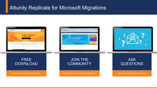 28© 2018 Attunity 28© 2017 Attunity
Attunity Replicate for Microsoft Migrations
http://attunity.com/MicrosoftMigrationshttps://aka.ms/attunity-replicate attunity-replicate@microsoft.com
?
? ?
?
?
?
 