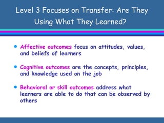 Level 3 Focuses on Transfer: Are They Using What They Learned?   Affective outcomes  focus on attitudes, values, and beliefs of learners Cognitive outcomes  are the concepts, principles, and knowledge used on the job Behavioral or skill outcomes  address what learners are able to do that can be observed by others 