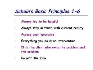 Schein’s Basic Principles 1-6 Always try to be helpful Always stay in touch with current reality Access your ignorance Everything you do is an intervention It is the client who owns the problem and the solution Go with the flow 