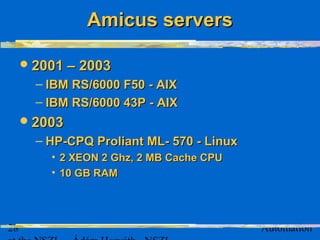 28 Automation
Amicus serversAmicus servers
2001 – 20032001 – 2003
– IBM RS/6000 F50IBM RS/6000 F50 - AIX- AIX
– IBM RS/6000 43PIBM RS/6000 43P - AIX- AIX
20032003
– HP-CPQ Proliant ML- 570 - LinuxHP-CPQ Proliant ML- 570 - Linux
• 2 XEON 2 Ghz, 2 MB Cache CPU2 XEON 2 Ghz, 2 MB Cache CPU
• 10 GB RAM10 GB RAM
 