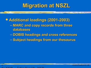 6 Automation at
Additional loadings (2001-2003)Additional loadings (2001-2003)
– MARC and copy records from threeMARC and copy records from three
databasedatabasess
– DOBIS headings and cross referencesDOBIS headings and cross references
– SSubject headings from our thesaurusubject headings from our thesaurus
Migration at NSZLMigration at NSZL
 