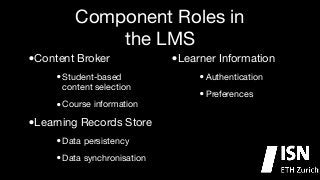 Component Roles in
the LMS
Content Broker

Learner Information

•
•
•

•

Student-based
content selection


•

Course information


Learning Records Store


•
Data synchronisation

•
Data persistency


•
• Preferences


Authentication


!

!

 